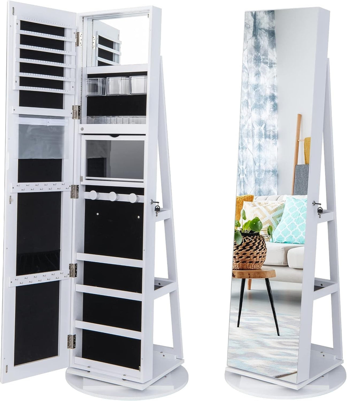 White 360° Swivel LED Jewelry Cabinet Mirror Lockable 3-in-1 Storage