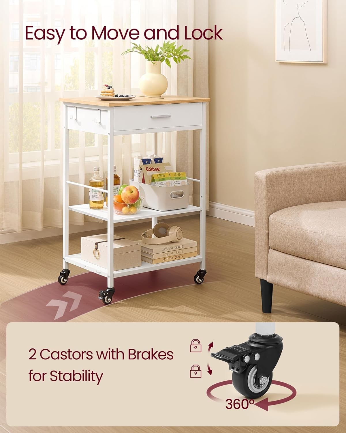 Kitchen Island Trolley on Wheels Storage Cart with Drawer Shelf Hooks