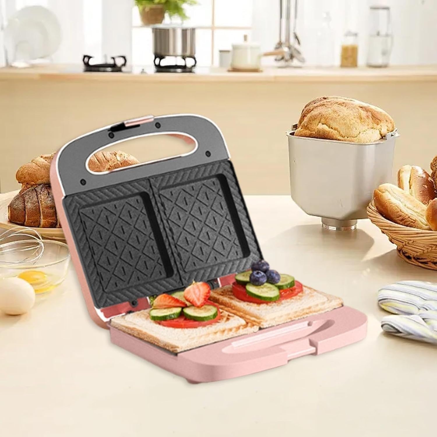 Multifunctional Pink Sandwich Maker Panini Press Burger Toaster 1200W