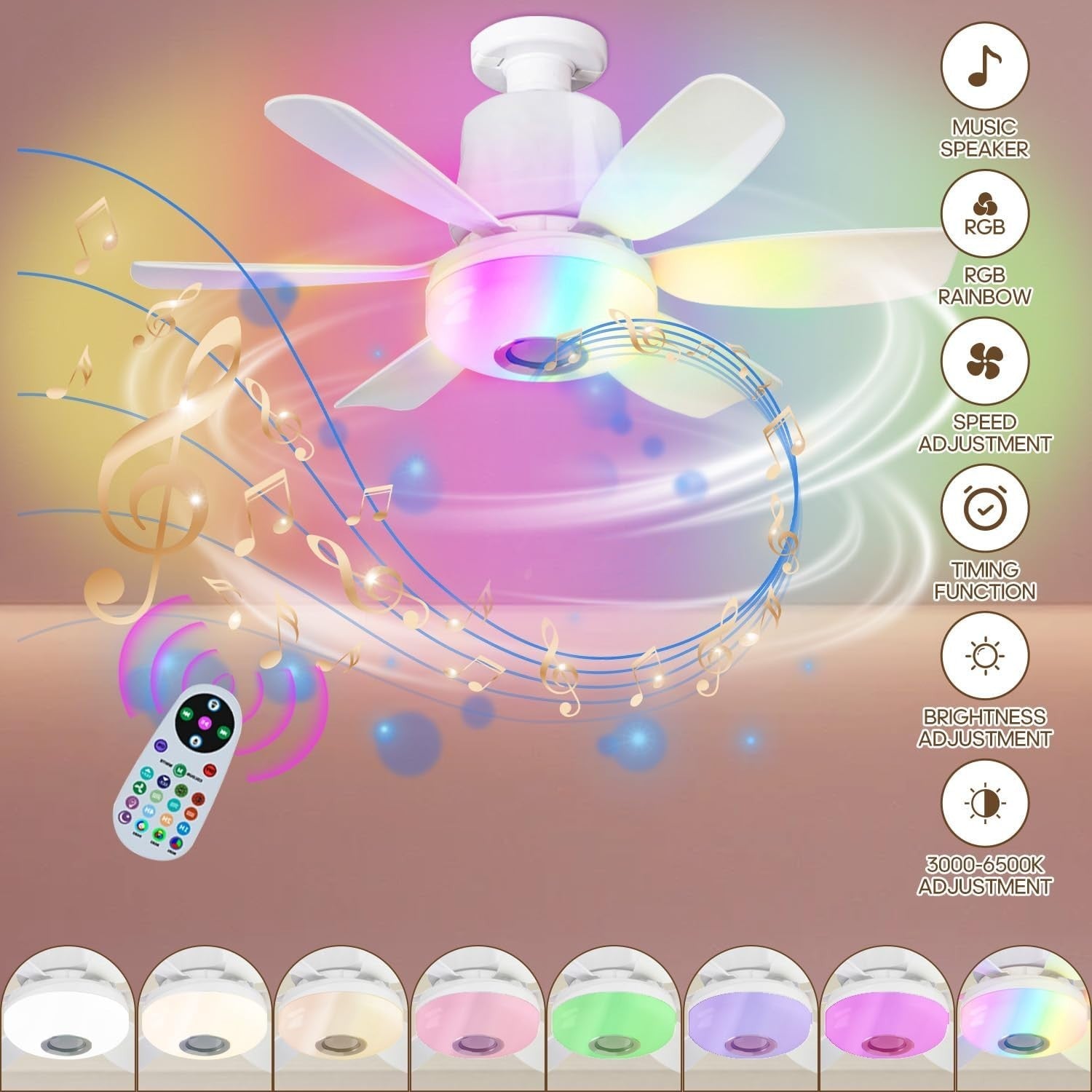 32W Ceiling Fan with Bluetooth Speaker, RGB LED, Remote, 3 Speeds