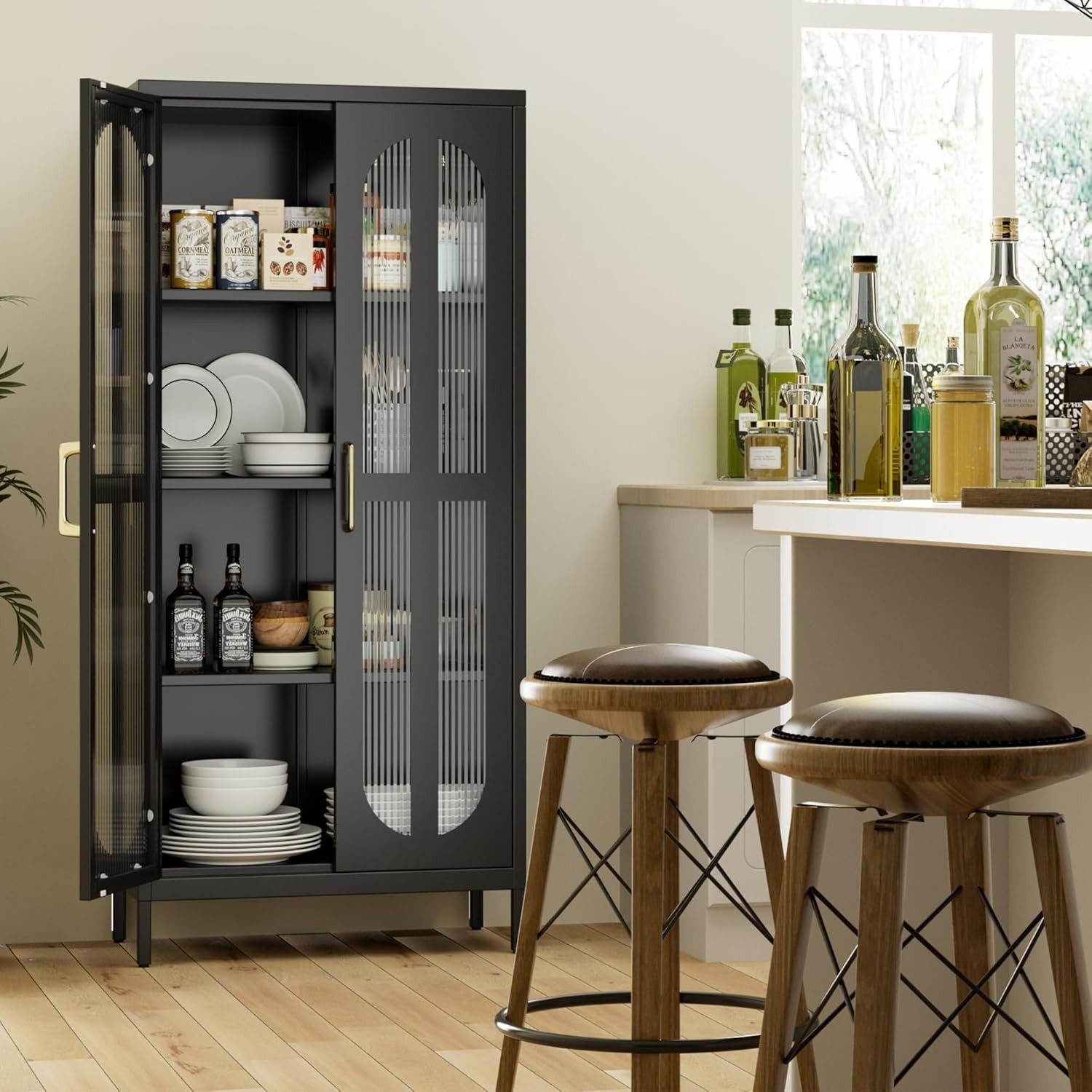 Adjustable 4-Tier Black Metal Storage Cabinet with Glass Doors – 155cm