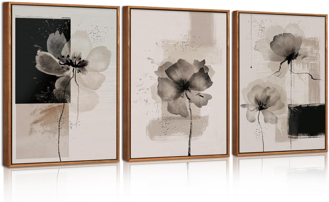 3 Piece Floral Canvas Wall Art Framed Beige Neutral 30x40cm