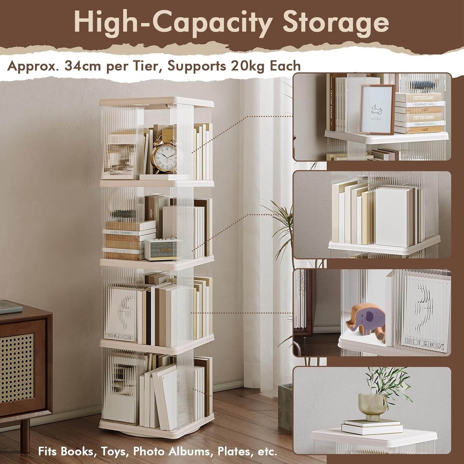 360° Rotating 4-Tier Bookshelf Tall Corner Storage Rack White Compact