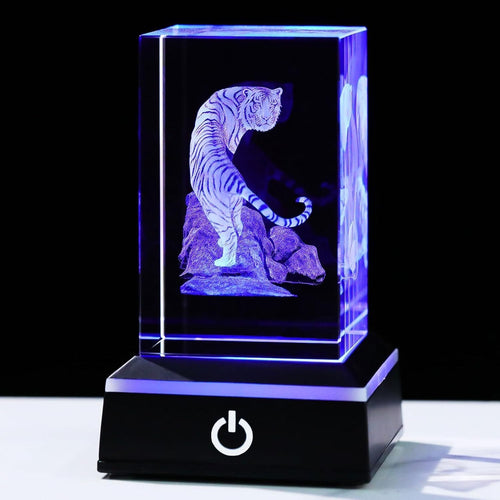 3D Crystal Tiger Figurine with LED Light Base • Engraved Glass Gift Ornament