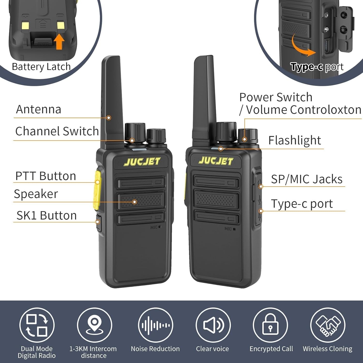 Long Range Walkie Talkies 16CH Noise Cancelling Encrypted 2 Pack