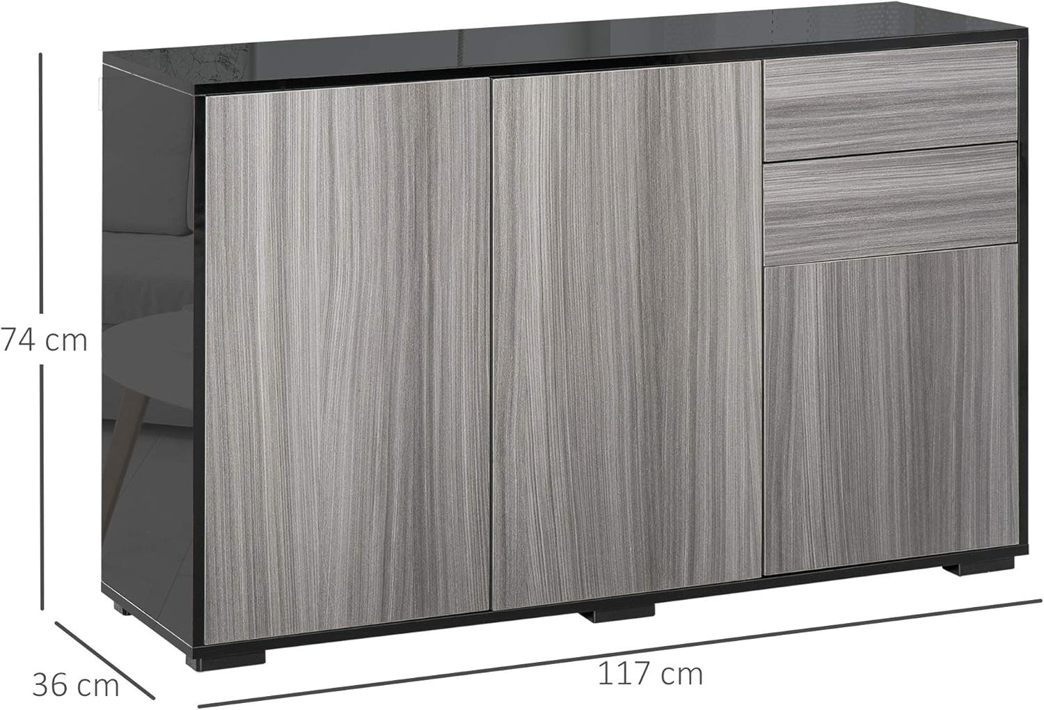 Modern High Gloss Sideboard Cabinet with 2 Drawers & Push-Open Doors Grey