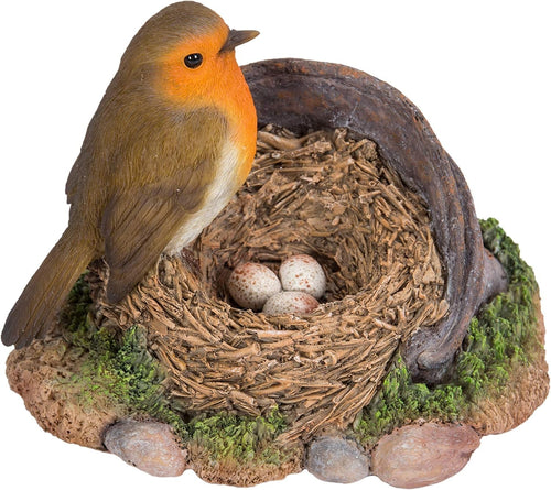 Robin Bird Ornament on Nest with Eggs • Realistic Garden Lawn Decor 16cm