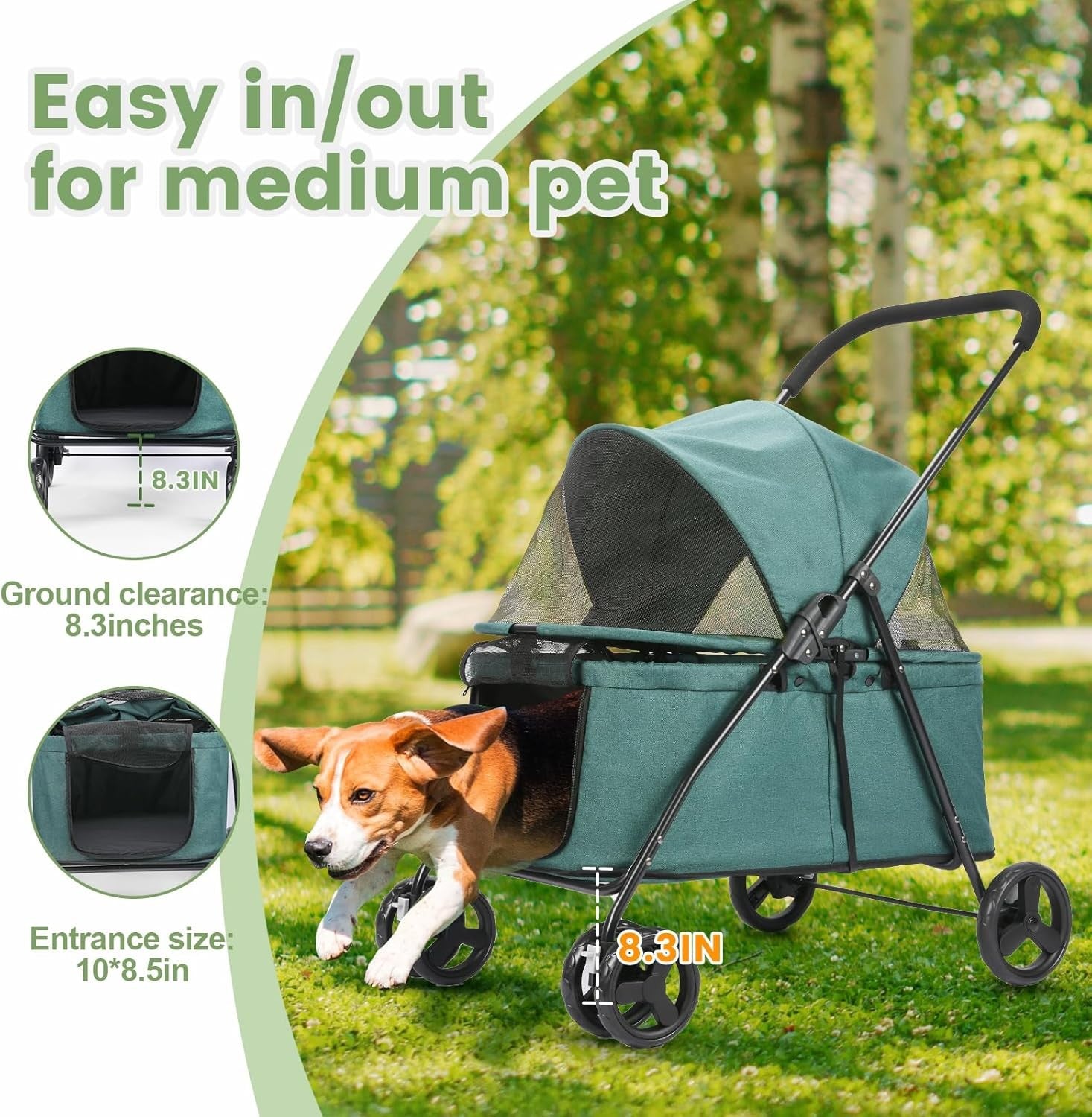 Dark Green Dog Stroller 4 Wheel Heavy Duty Foldable Jogger Pram Small Medium
