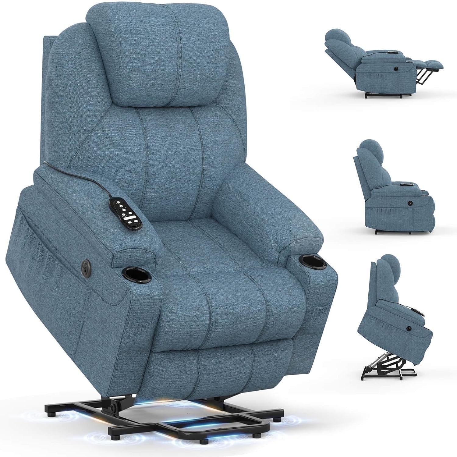 Power Lift Recliner Chair Massage Heat USB Type-C Cup Holders Fabric Blue Grey