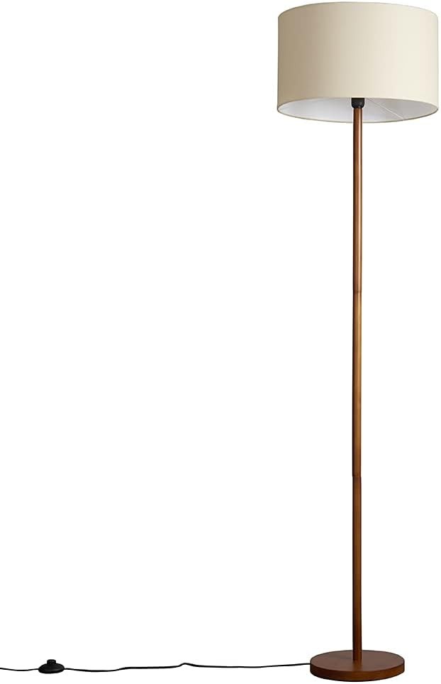 Scandi Wooden Floor Lamp Beige Drum Shade Modern Standing Light