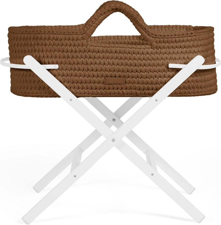 Crochet Moses Basket with Foldable Stand & Mattress Lightweight Mocha White