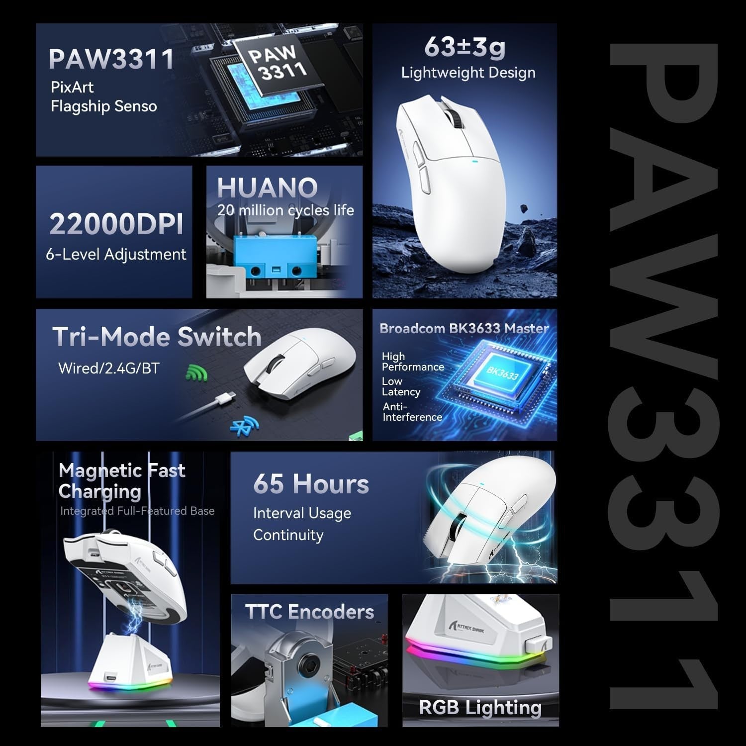 Wireless Gaming Mouse 22000 DPI RGB Dock BT 2.4G USB White