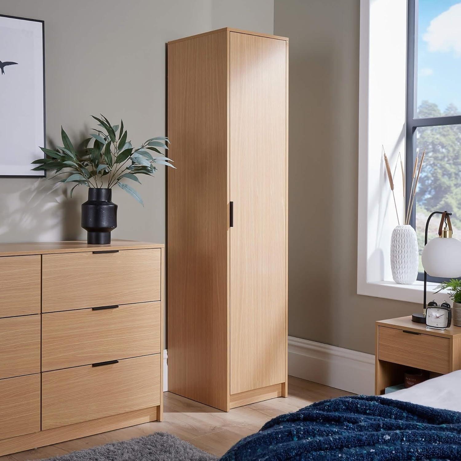 Slim Oak Effect 1-Door Wardrobe with Shelf & Hanging Rail – Compact Storage