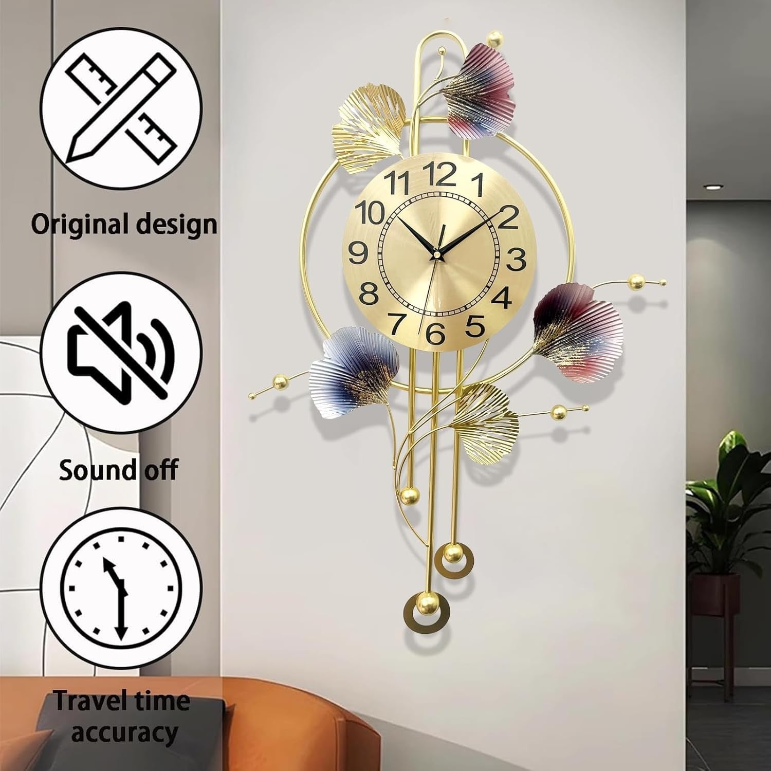 70×52cm Luxury Ginkgo Leaf Wall Clock – Silent Metal Art Pendulum Clock Home