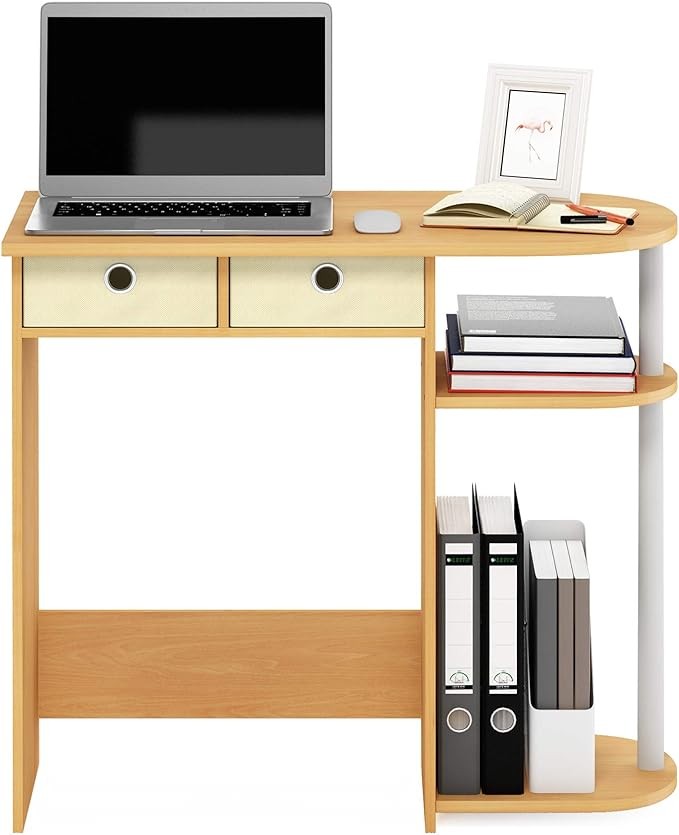 Compact Home Laptop Desk Study Writing Table Storage Shelves Beech White