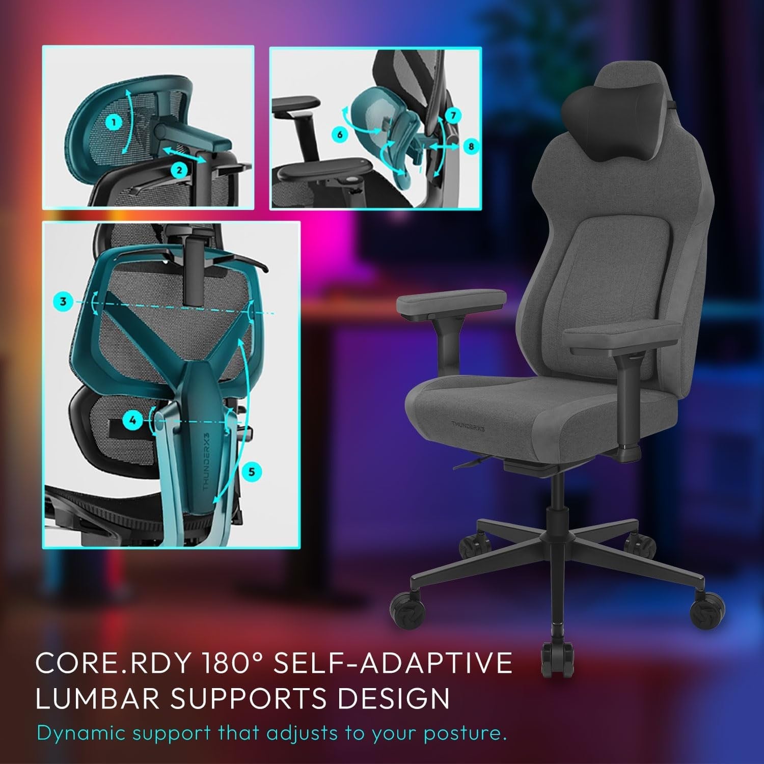 Ergonomic Gaming Chair Auto Lumbar 3D Arms Dark Grey
