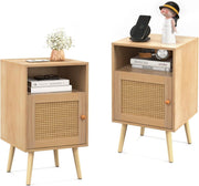 Set of 2 Natural Wood Bedside Tables with Rattan Door & Shelf