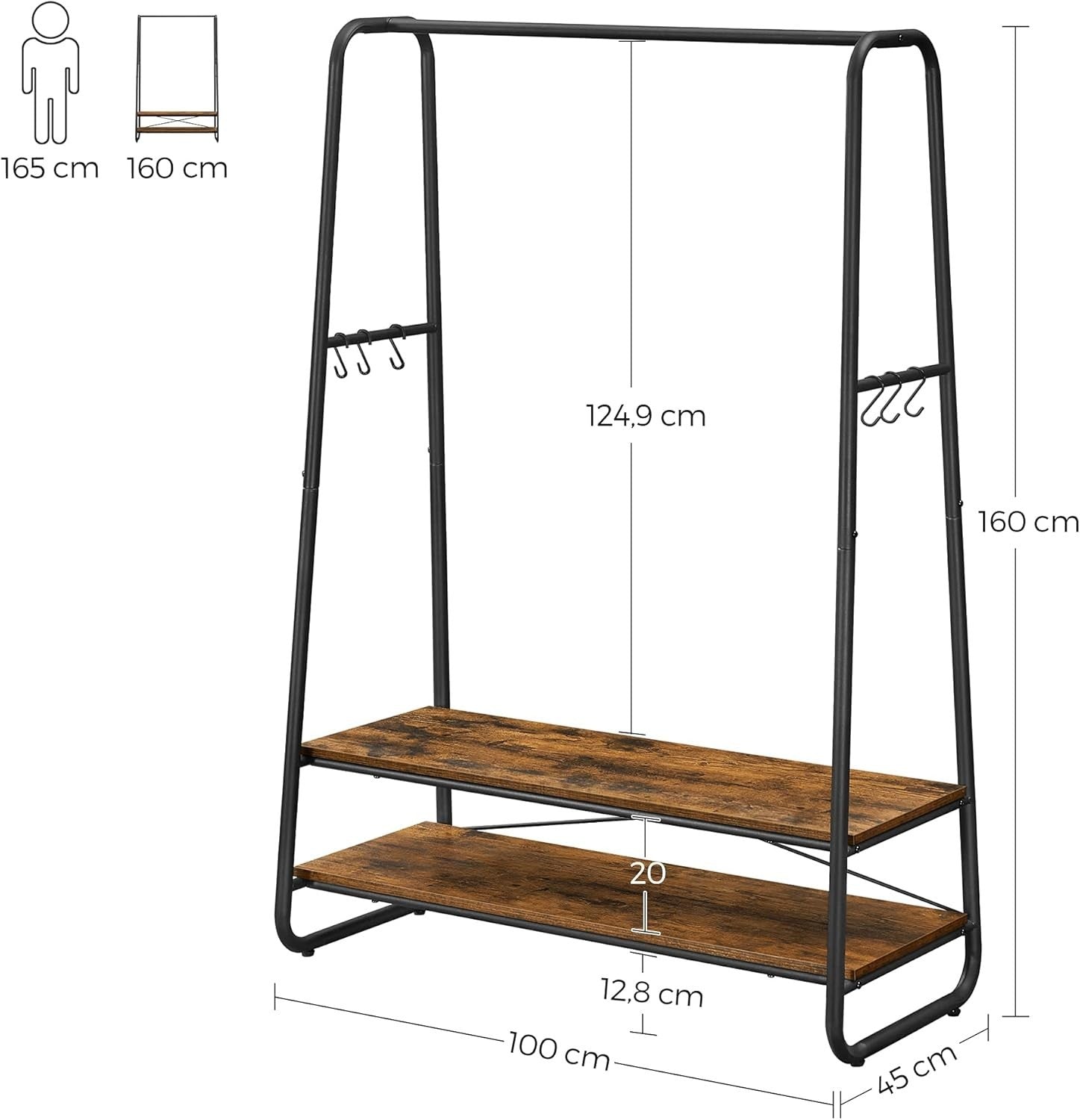 Heavy Duty Clothes Rail with Shelves & Hooks Rustic Brown Black