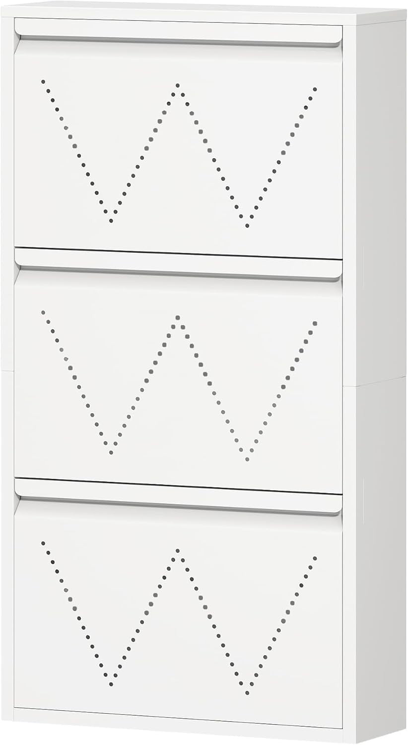 Wall-Mounted Narrow Shoe Cabinet with 3 Flip Drawers, 50x15.2x105 cm White