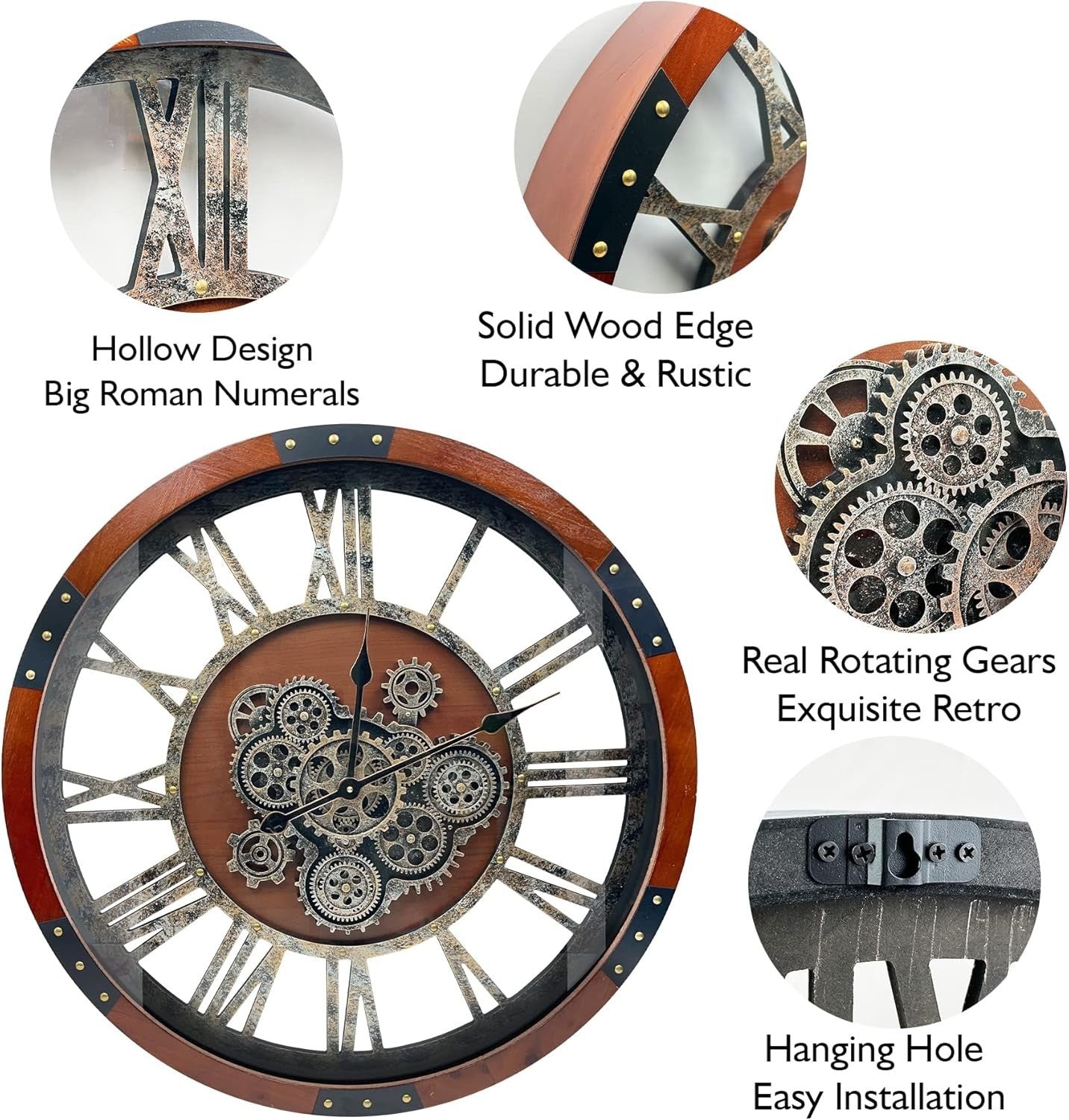 27" Industrial Wall Clock Metal Gears Rustic Steampunk Decor Large