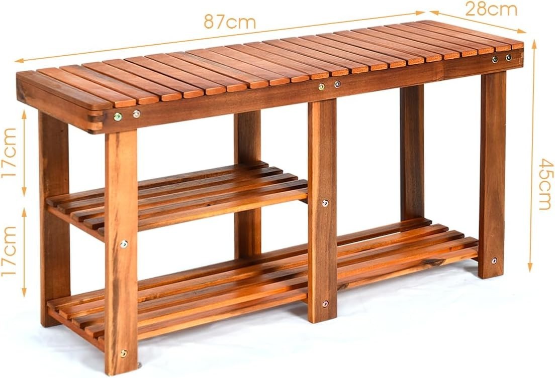 Large 3-Tier Acacia Wood Shoe Rack Bench Wide Storage Seat for Hallway Home