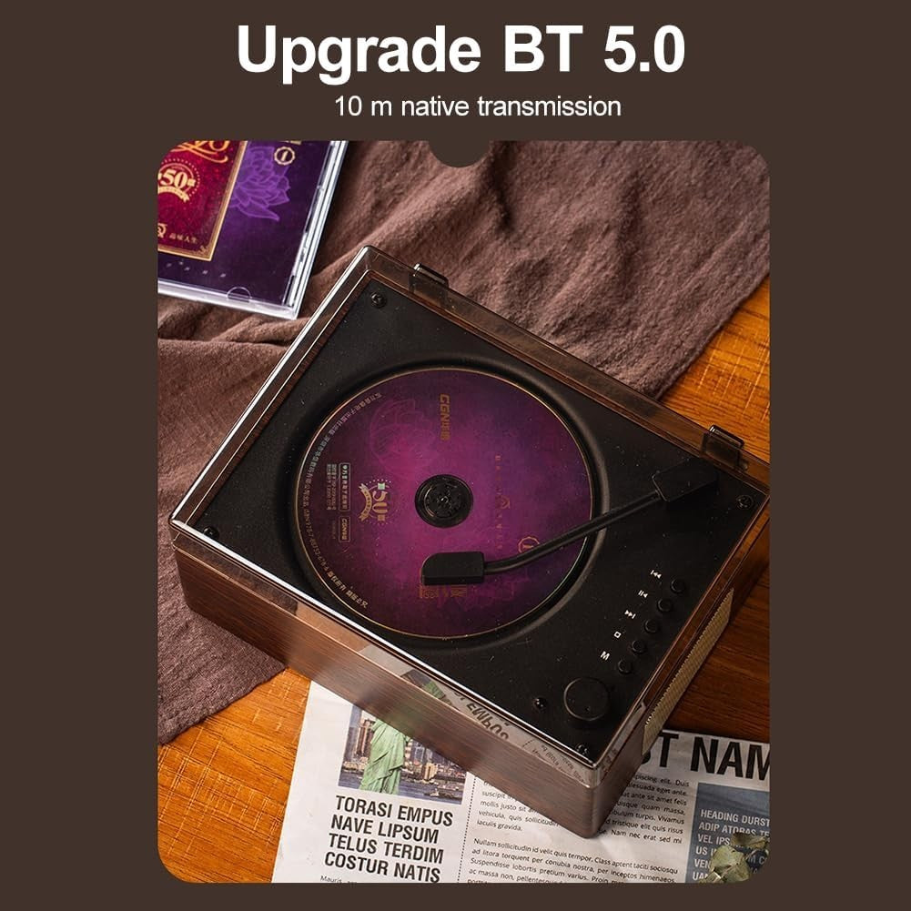 Retro Bluetooth CD Player Rechargeable Speakers USB AUX Remote Walnut
