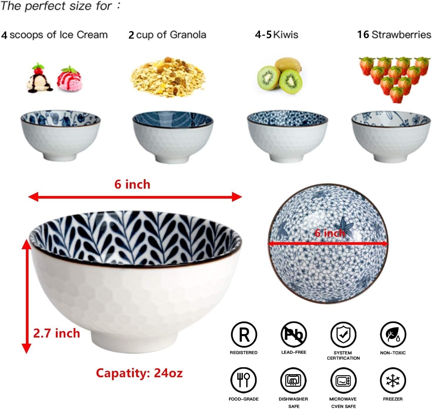 6 Pcs Blue & White Ceramic Bowls 24oz Microwave Oven Safe Stackable