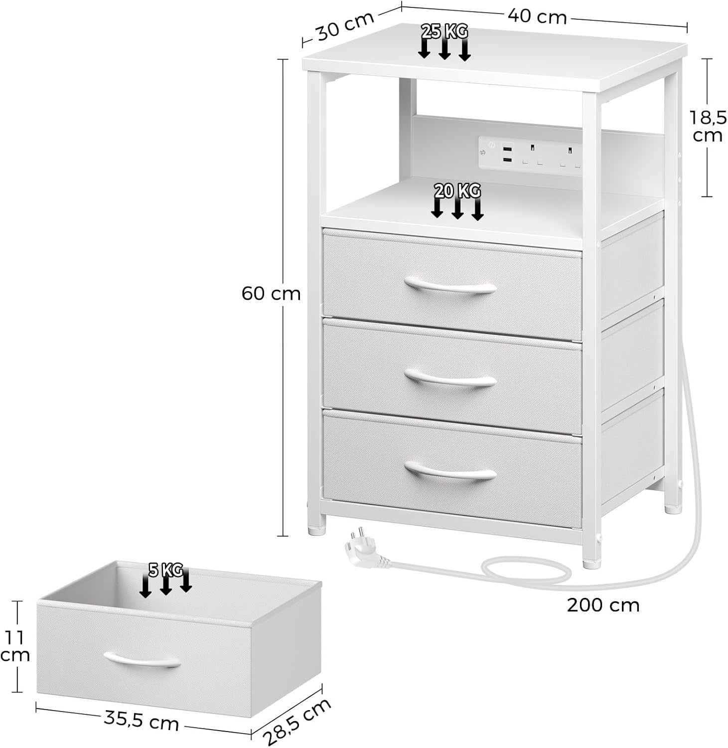 Set of 2 White LED Bedside Tables with USB Charging | 3-Drawer Modern