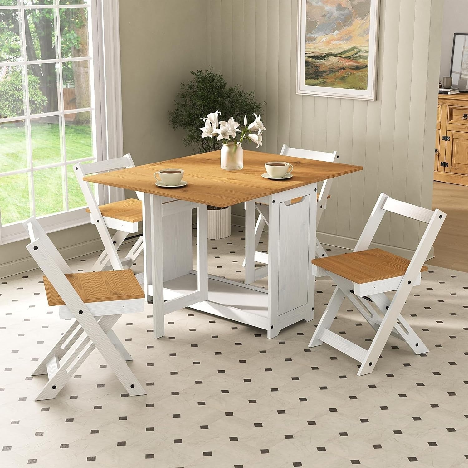 Space-Saving 4 Seat Folding Drop Leaf Dining Set White Pine Table