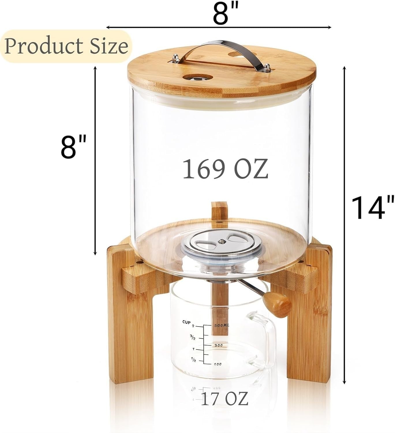 5L Glass Rice Dispenser Airtight Bamboo Stand w Measuring Cup