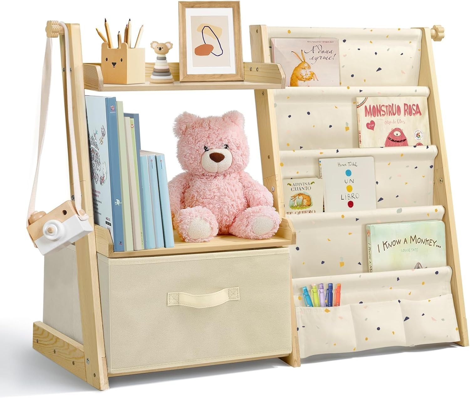 Terrazzo Kids Bookshelf & Toy Storage – 4-Tier Wooden Sling Shelf + Toy Box