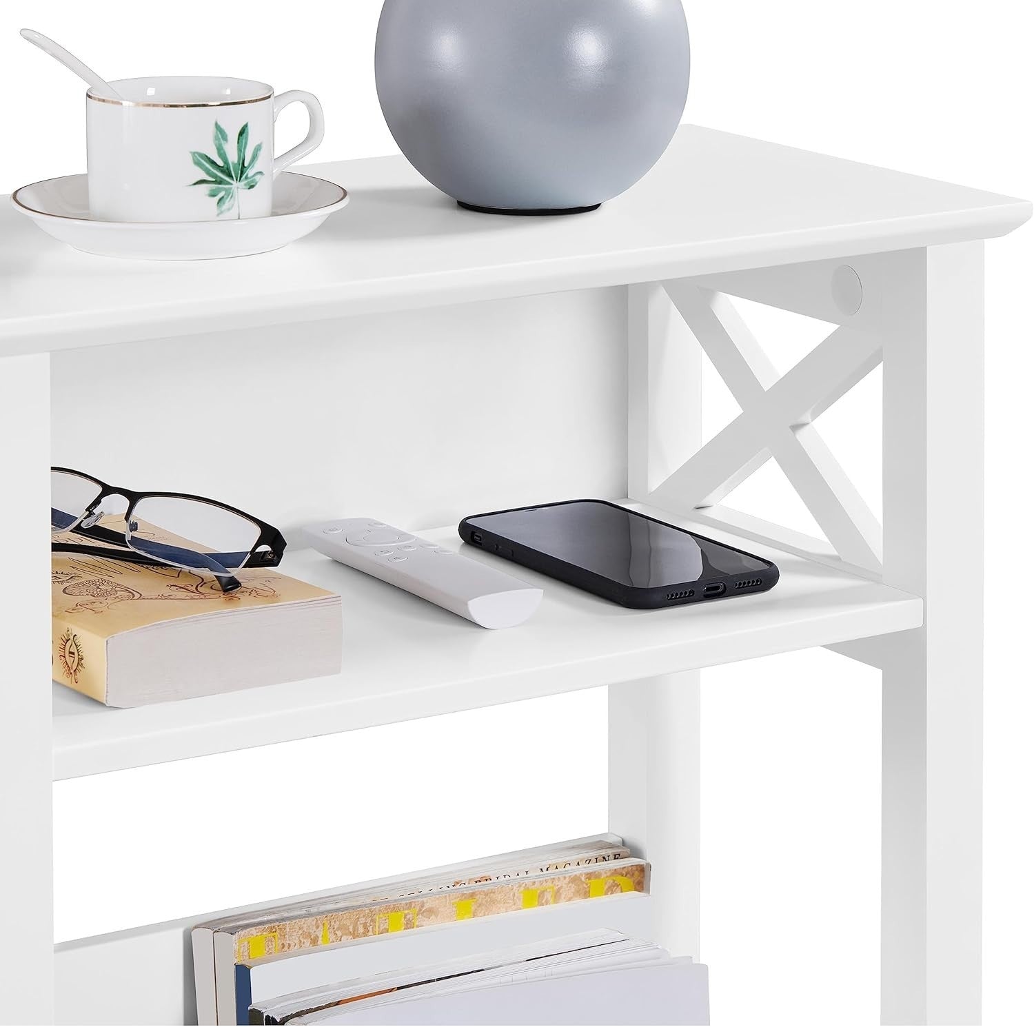 Set of 2 Slim Bedside Tables, 3-Tier X Shaped Narrow End Table for Small Spaces,