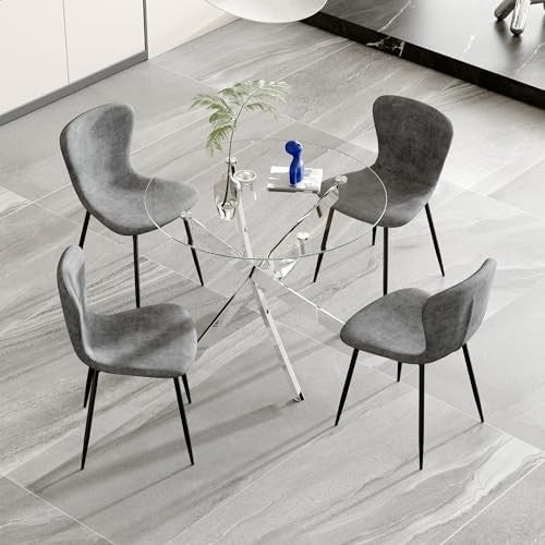 Round Glass Dining Table Set with 4 Grey Velvet Chairs Modern Chrome Legs 100cm