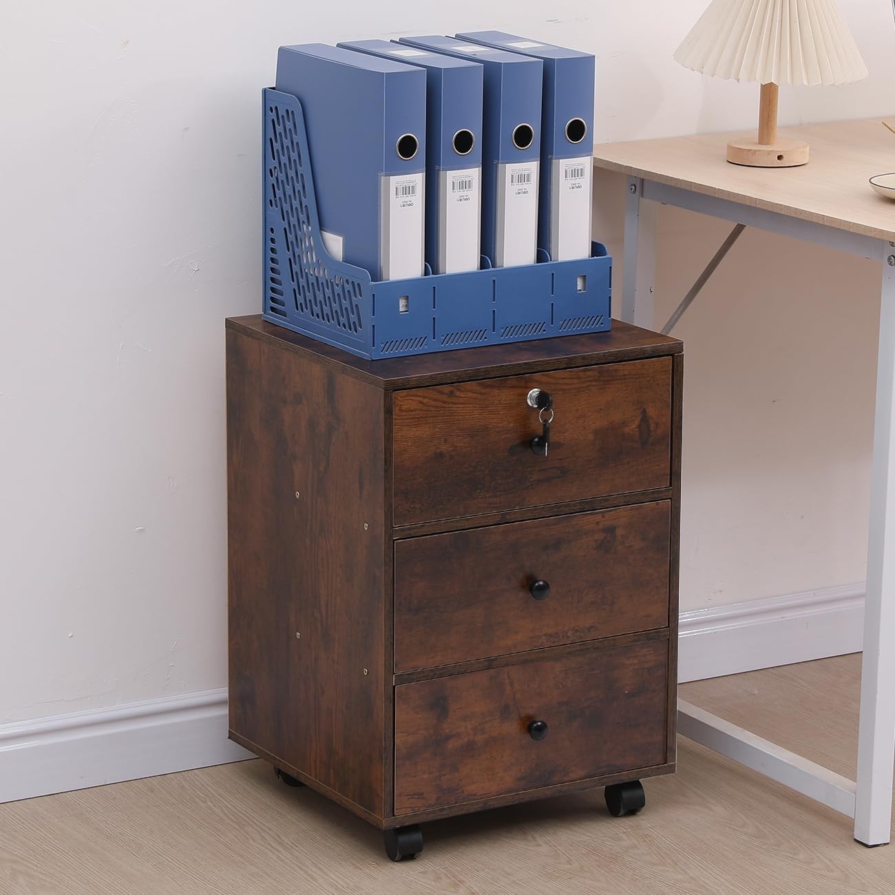 Rustic Brown Mobile Filing Cabinet 3 Drawer A4 Under Desk Storage