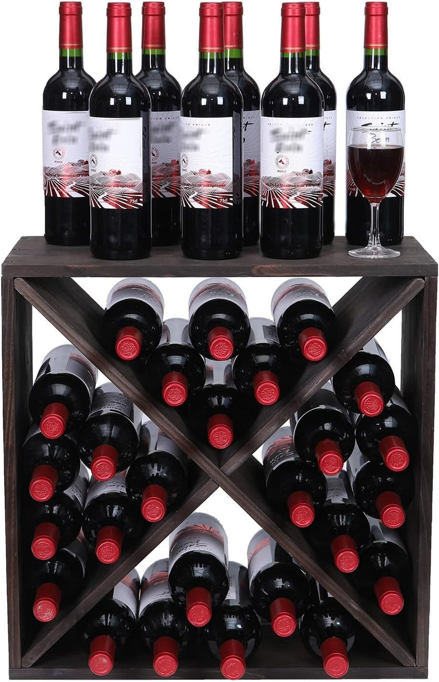 24 Bottle Wooden Wine Rack Cube Storage Stand Rustic Countertop Bar Display Dark