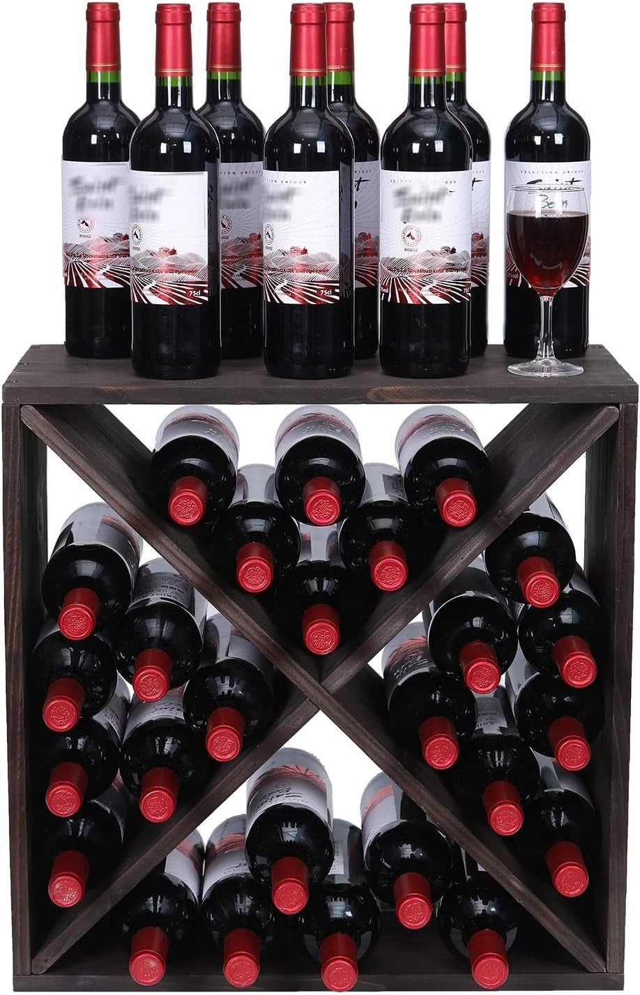 24 Bottle Wooden Wine Rack Cube Storage Stand Rustic Countertop Bar Display Dark