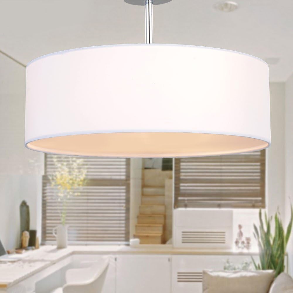 Modern White 3 Light Fabric Drum Ceiling Pendant Light 45.5cm