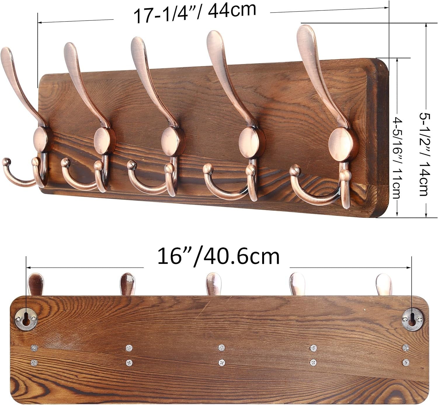 Set of 2 Brown Wooden Wall Coat Racks | Rustic 5 Triple Hooks Heavy Duty Organiz
