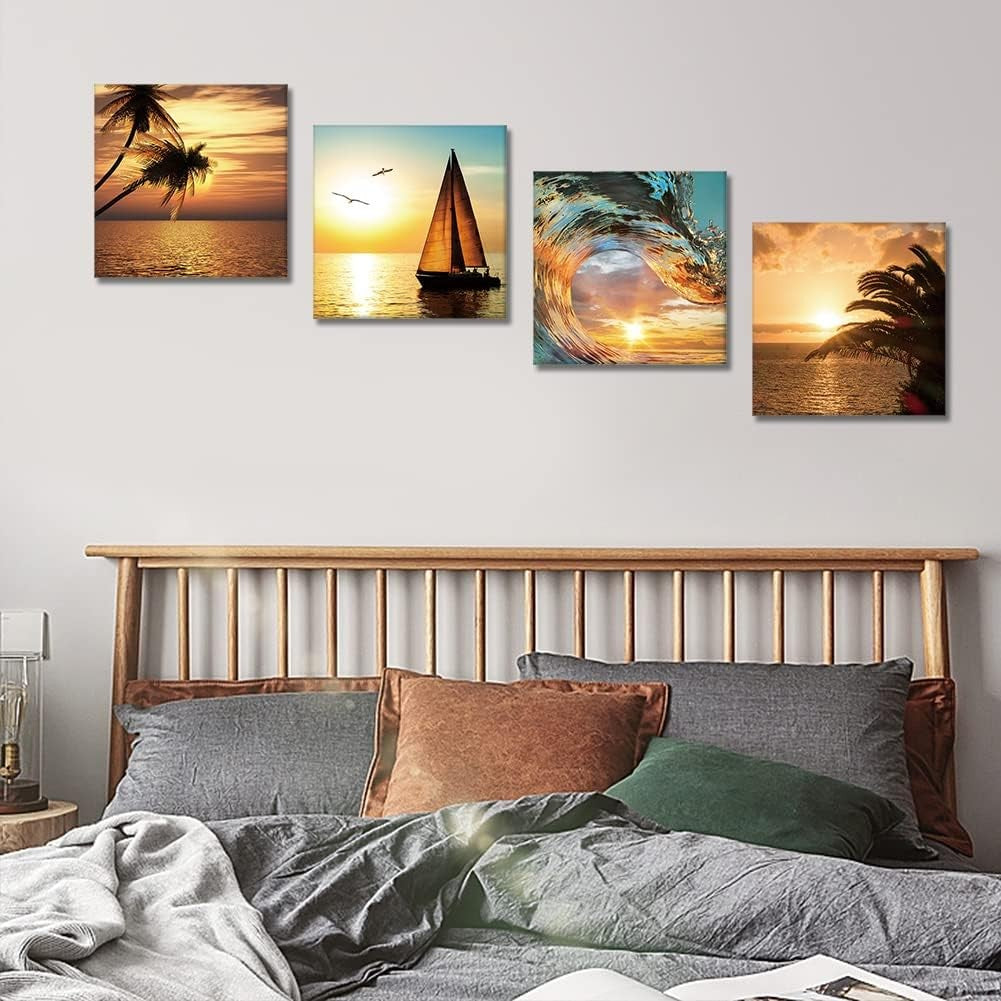 4pcs Coconut Tree Sailboat Canvas Wall Art 30x30cm Modern Decor