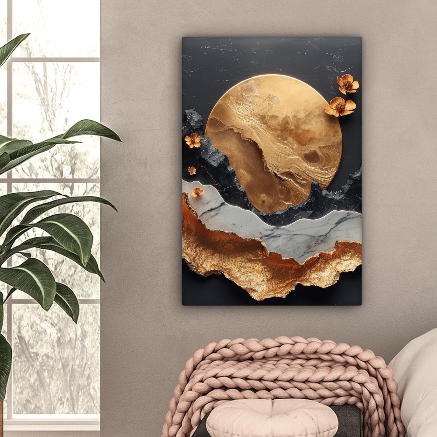 Gold Abstract Canvas Wall Art 40x60cm Modern Black Framed Decor