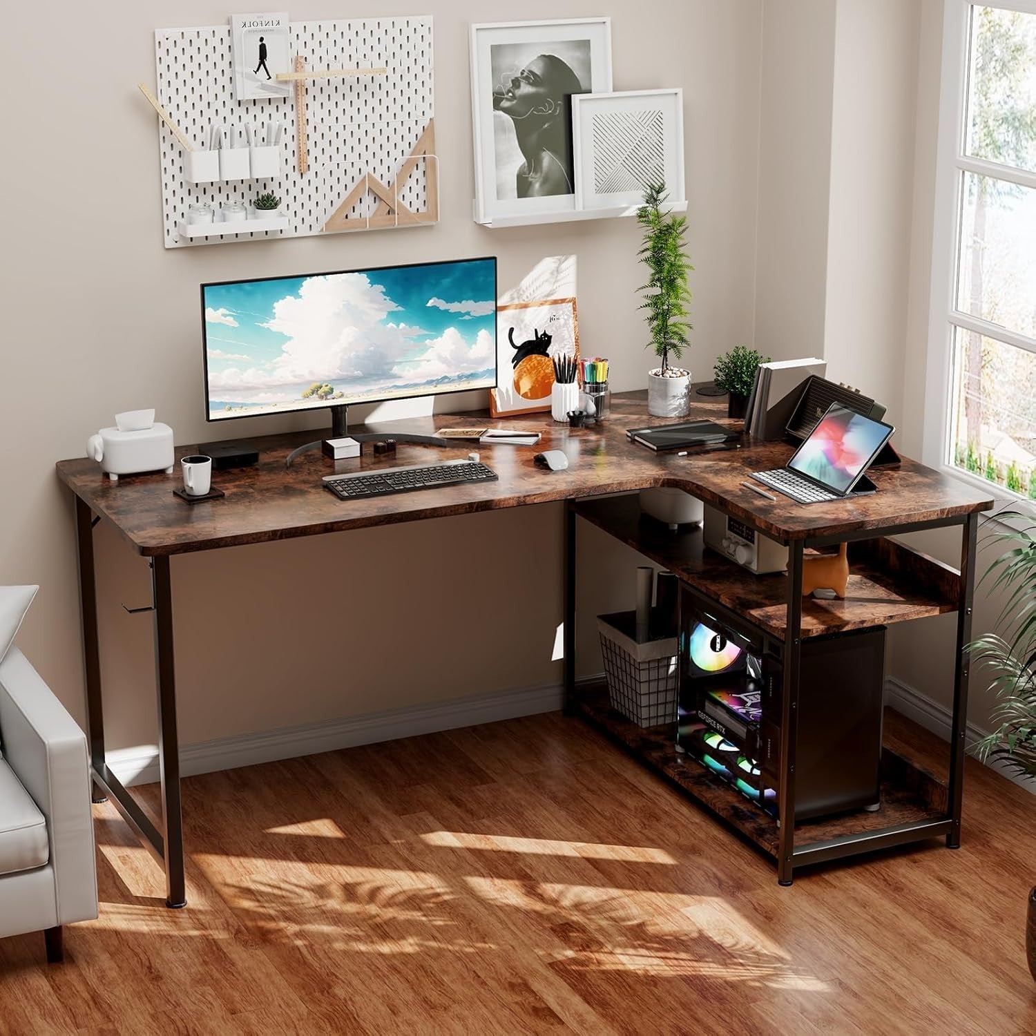 L Shaped Gaming Desk 110x80cm with USB Ports Shelves Hook Corner Office Table