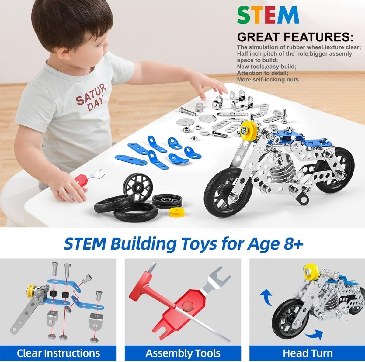 STEM Metal Motorcycle Building Kit 139pcs Toy Model Set for Kids Age 5+
