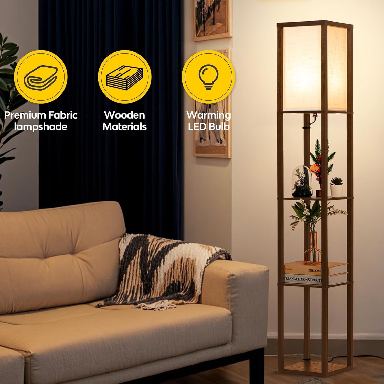 Floor Lamp with Shelves Wooden Standing LED Light Storage Display Walnut