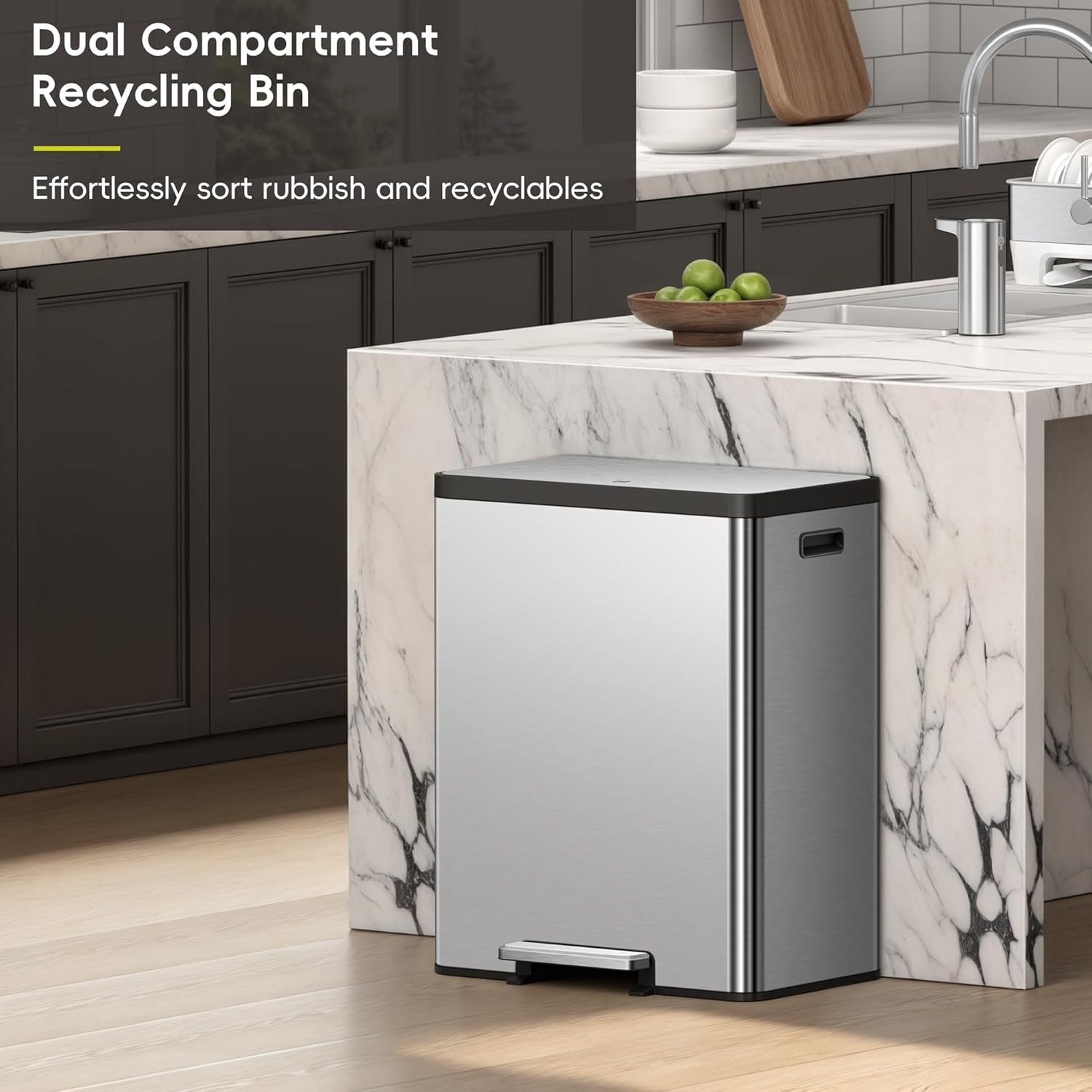 60L Dual Recycling Kitchen Bin 36L+24L Stainless Steel Soft Close
