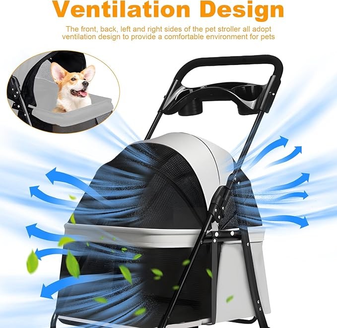 4 Wheel Dog Stroller Folding Pet Pram with Cup Holder Travel Buggy