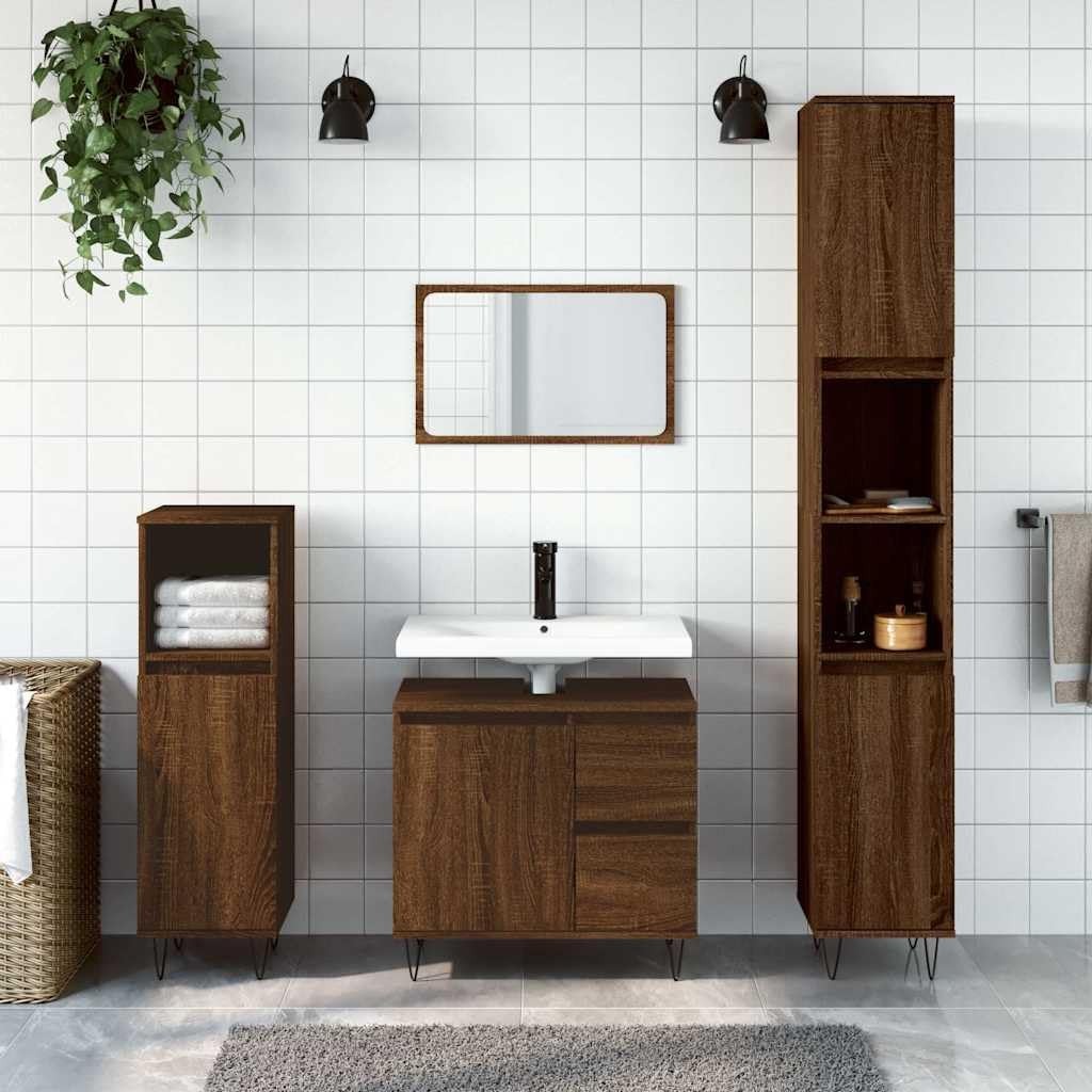 Modern Oak Brown Bathroom Vanity Cabinet 65cm Under Sink Storage Unit Drawers