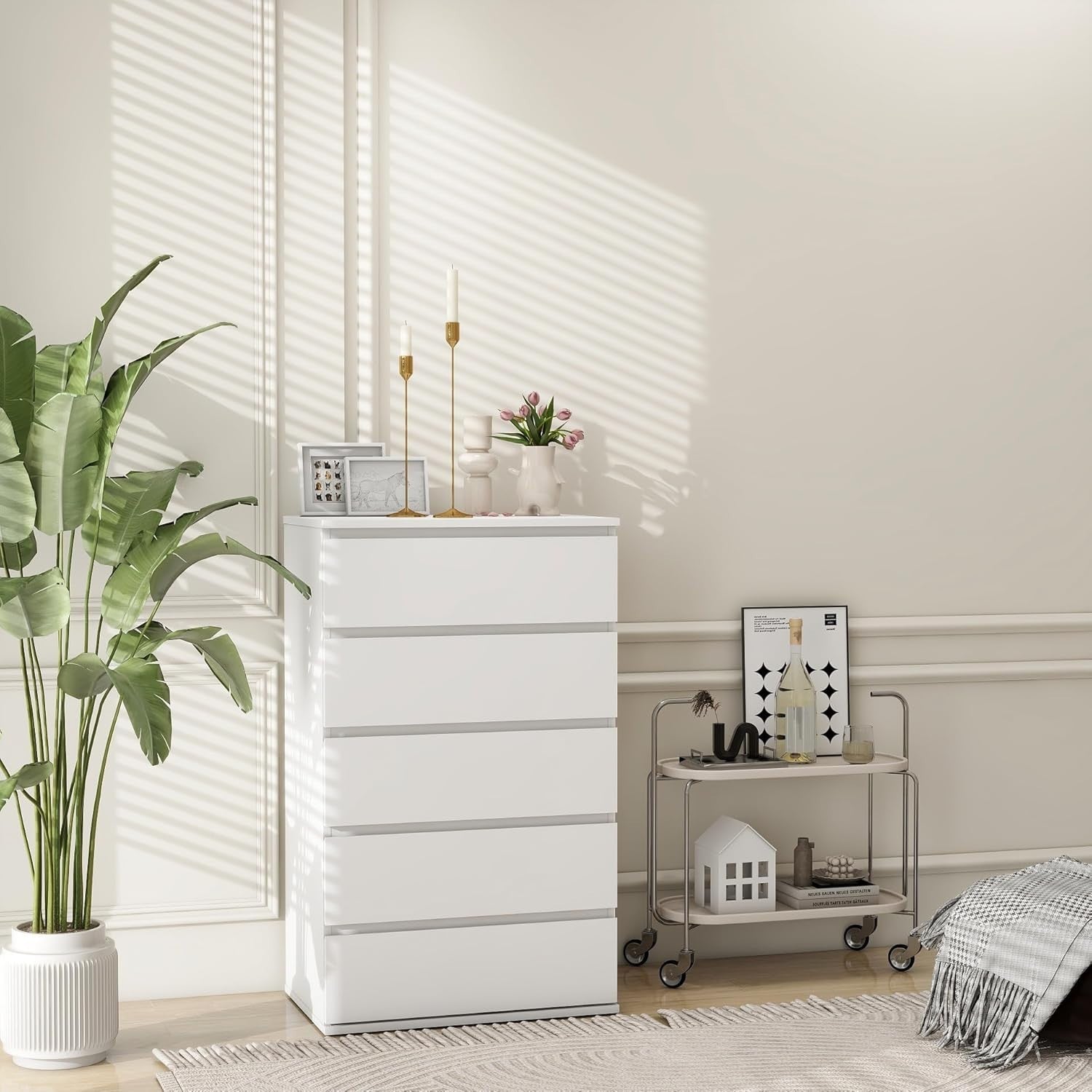 Modern White 5-Drawer Chest Organizer | Sleek No Handle Tall Dresser Uni5