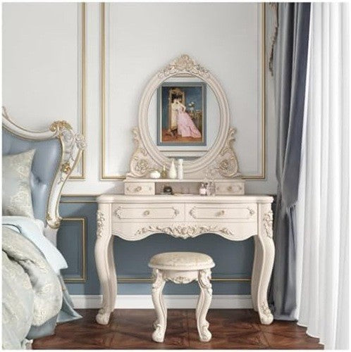 White LED Vanity Dressing Table Set w/3-Light Mirror, Stool, 4 Drawers ABS Plast