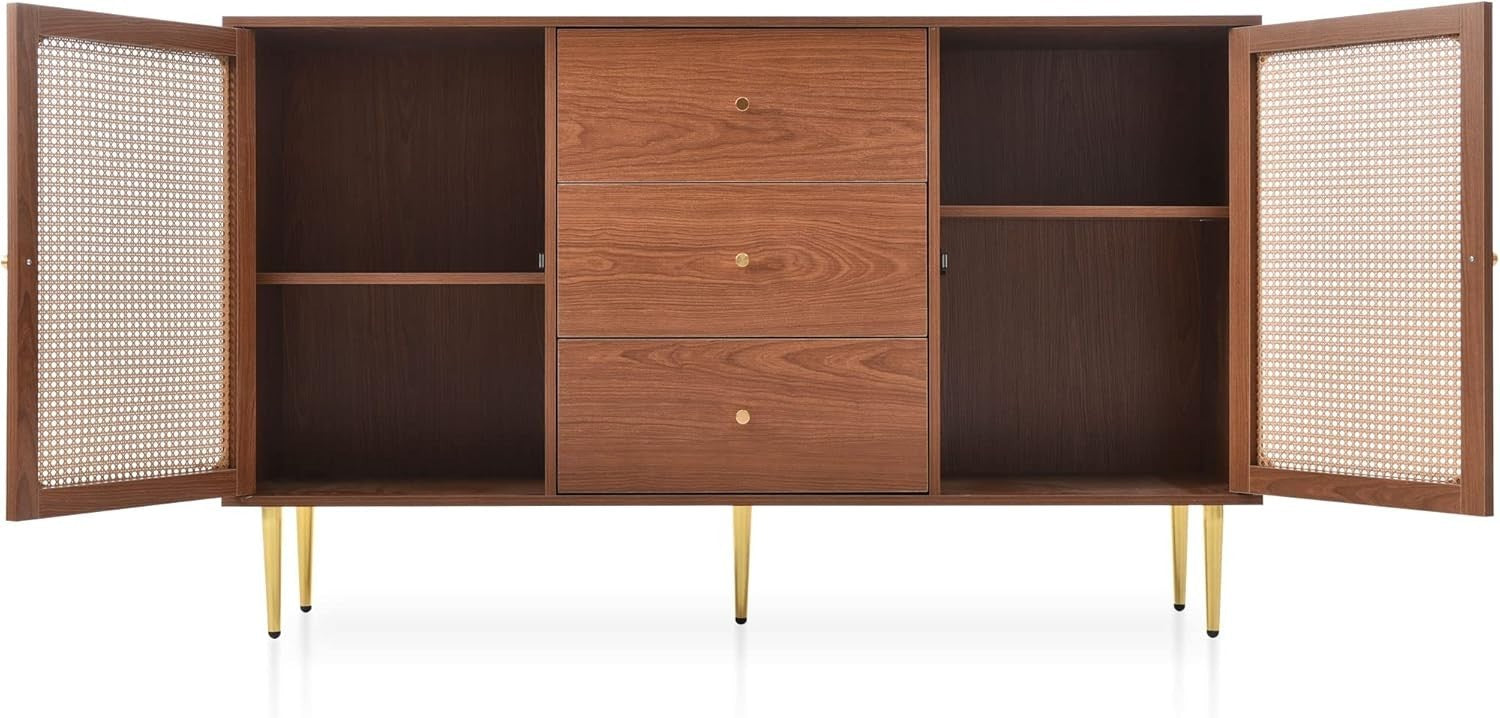 Walnut Rattan Sideboard Cabinet 2 Doors, 3 Drawers & Adjustable Shelf Unit