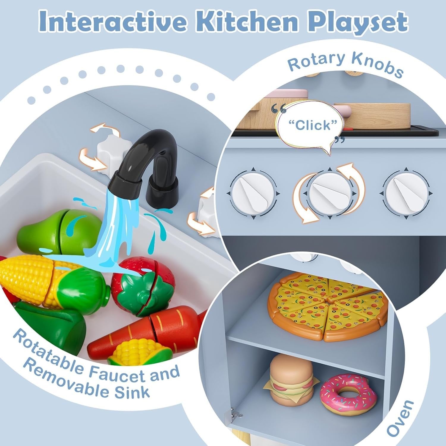Wooden Kids Play Kitchen Blue Lights Sounds Oven Chef Toy Set